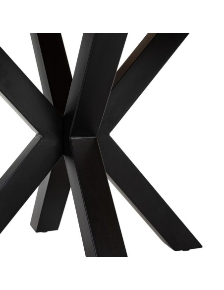 Mesa ARGO 130 x 130 cm, madeira de mangueira natural, pés em metal com acabamento preto.