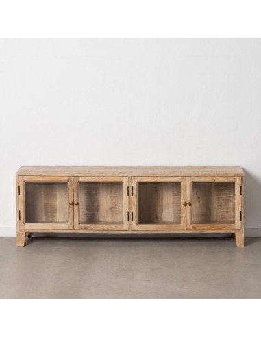 Móvel TV SASHI com 4 portas em madeira de mangueira 160 x 35,50 cm, branco escovado.