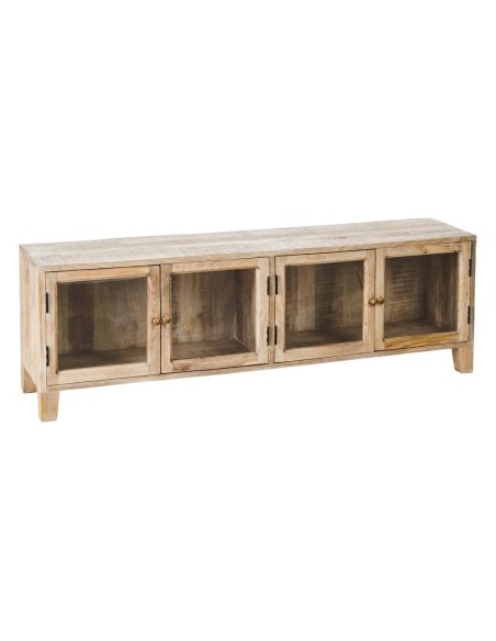 Mueble TV SASHI 4 puertas de madera de mango 160 x 35,50 cm,blanco rozado.