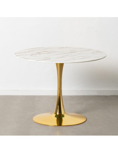 Mesa redonda TULY 100, base metal dorada, tapa cristal efecto mármol.