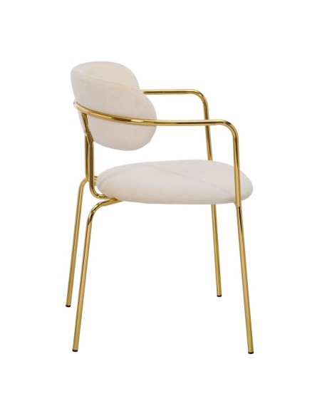 Silla apilable MAUREEM terciopelo beige y patas metal doradas.