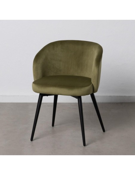 Silla de comedor CISELIA de terciopelo verde y patas de metal en negro.