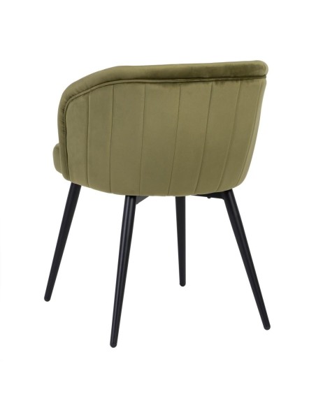 Silla de comedor CISELIA de terciopelo verde y patas de metal en negro.