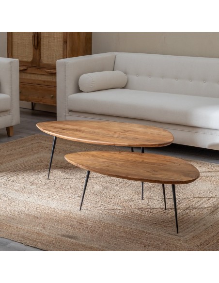 Set YOAN 2 mesas auxiliares de madera de acacia y metal pintado negro Ø 110 cm/Ø 90 cm.
