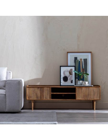 Mueble TV MAILEN 2 puertas en madera de mango con acabado natural 150 x 50 cm.