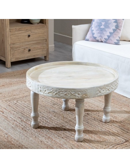 Mesa de centro Lotus Ø 70 cm em madeira de mangueira branca escovada.