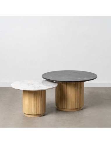 Conjunto Yoana de 2 mesas laterais em madeira de mangueira e mármore branco/preto Ø 60 cm / Ø 75 cm.