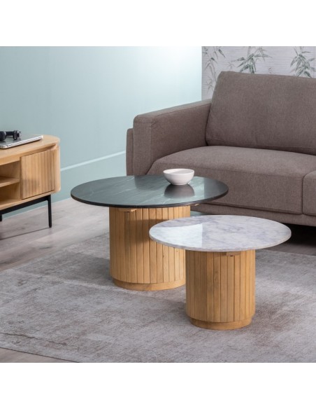 Conjunto Yoana de 2 mesas laterais em madeira de mangueira e mármore branco/preto Ø 60 cm / Ø 75 cm.