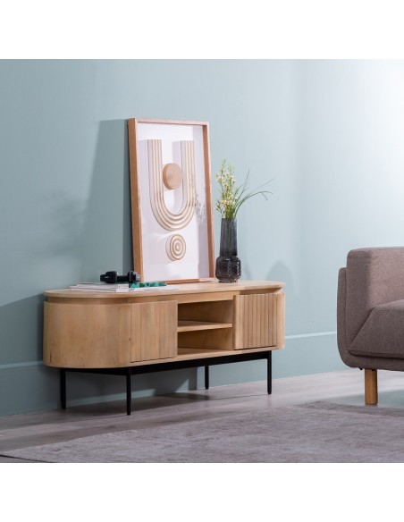 Mueble de tv LICIA, 2 puertas de madera de mango y metal pintado negro 140 x 40 x 48 cm.