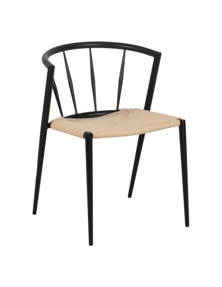 Silla de diseño ANALY de metal con acabado negro y asiento de cuerda.