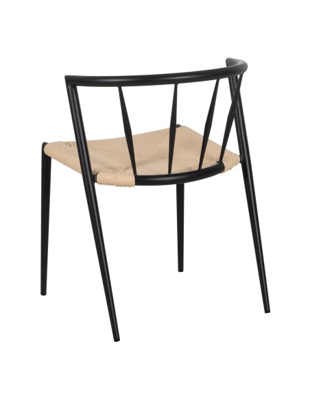 Silla de diseño ANALY de metal con acabado negro y asiento de cuerda.