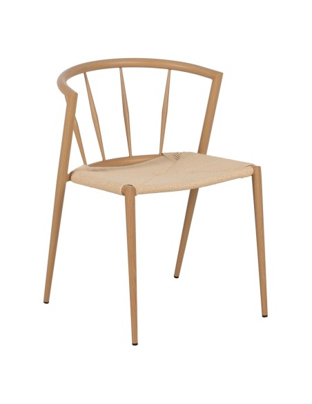 Cadeira de design ANALY em metal com acabamento natural e assento em corda.