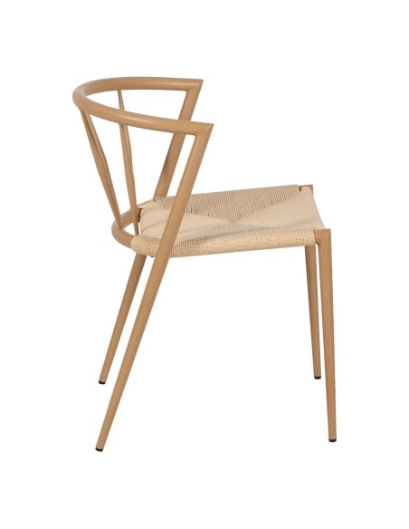Cadeira de design ANALY em metal com acabamento natural e assento em corda.