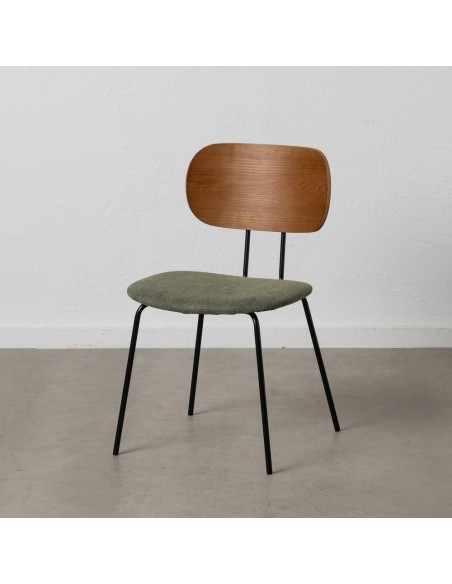 Silla de diseño Mureen de chapa de roble,tejido verde y metal en negro.