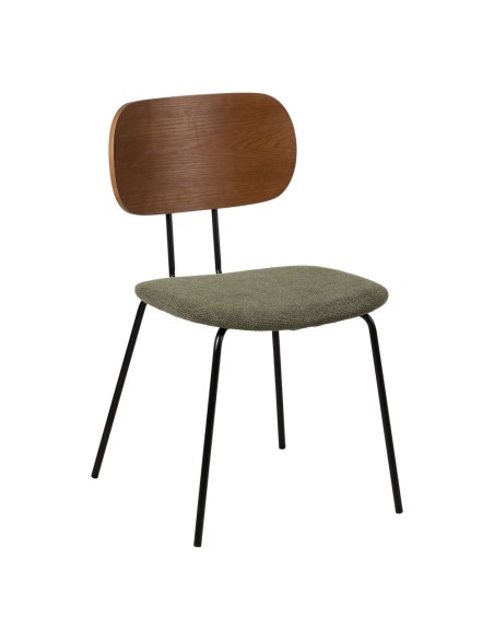 Silla de diseño Mureen de chapa de roble,tejido verde y metal en negro.