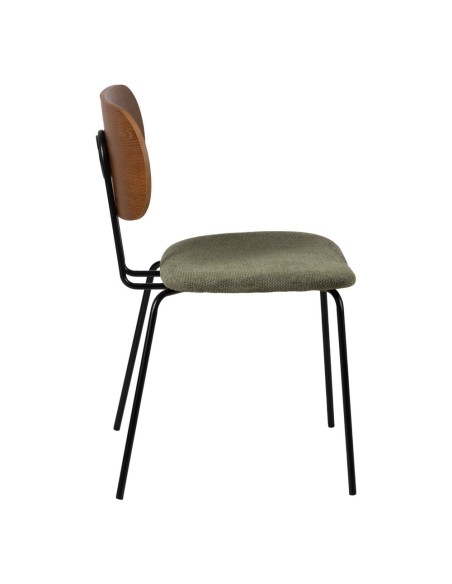 Cadeira design Mureen feita de folheado de carvalho, tecido verde e metal preto.