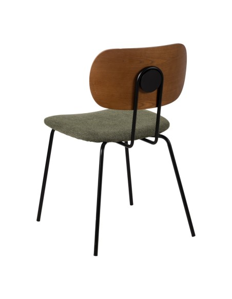 Silla de diseño Mureen de chapa de roble,tejido verde y metal en negro.