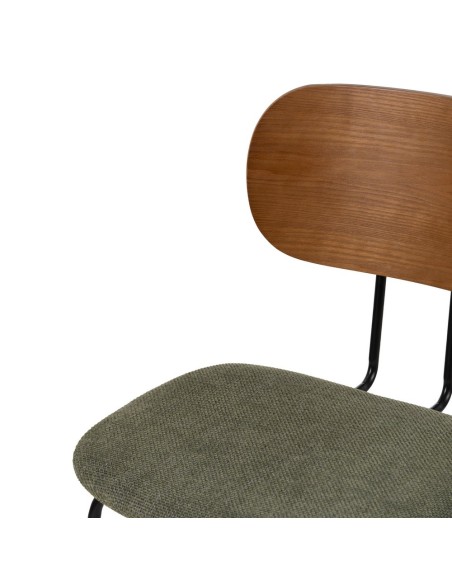 Silla de diseño Mureen de chapa de roble,tejido verde y metal en negro.