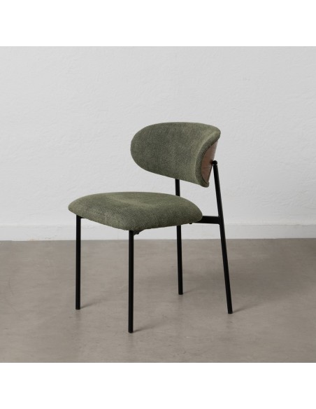 Cadeira design RUNNIE em tecido verde escuro com pernas de aço preto.