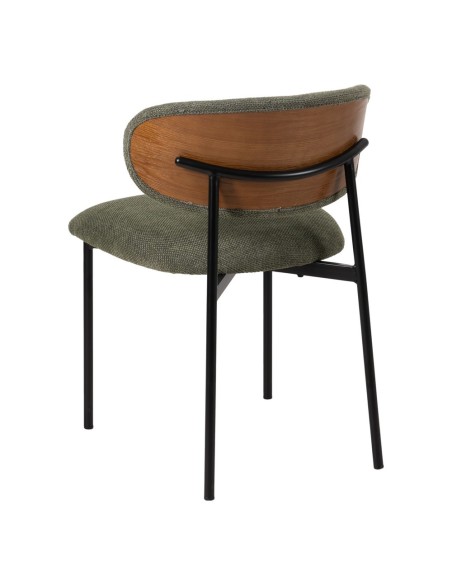 Silla de diseño RUNNIE de tejido en verde oscuro con patas de acero en negro.