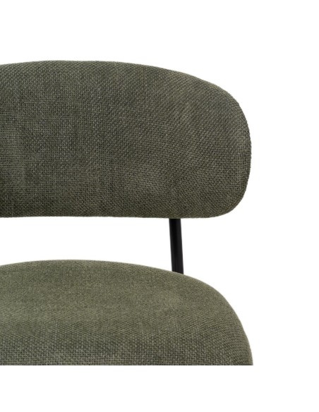 Cadeira design RUNNIE em tecido verde escuro com pernas de aço preto.