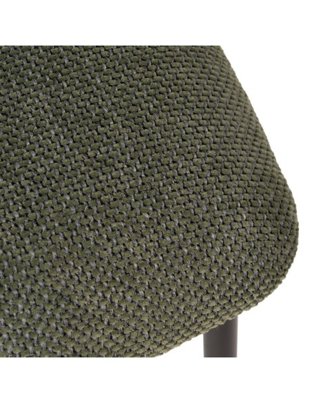 Silla de diseño RUNNIE de tejido en verde oscuro con patas de acero en negro.