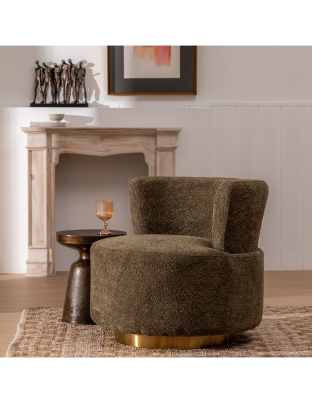 Poltrona LUISA em tecido verde e metal dourado.