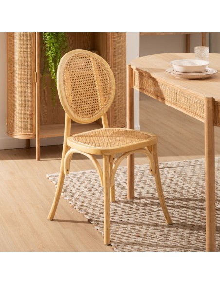 Silla DORIAN de madera maciza de olmo y ratán natural.