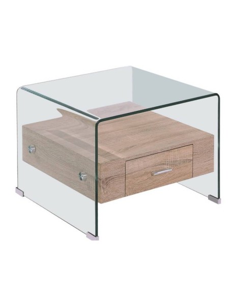 Mesa auxiliar MARLYN 50x50, madera, cristal curvado