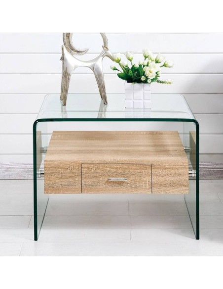 Mesa auxiliar MARLYN 50x50, madeira, vidro curvado