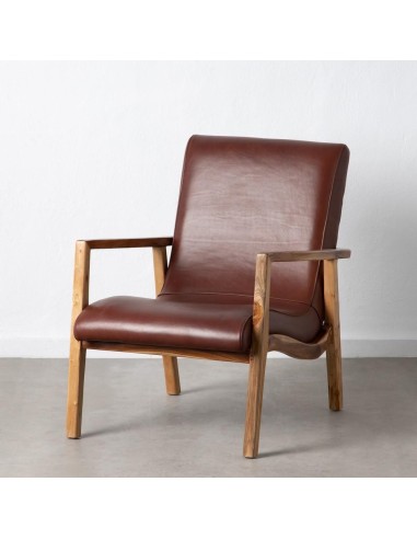 SILLÓN MARRÓN MADERA TECA-PIEL SALÓN 65 X 76 X 83 CM