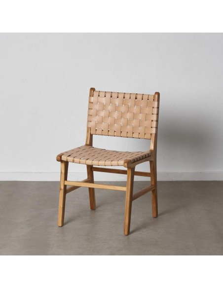 SILLA BEIGE MADERA TECA-PIEL 50 X 56 X 87 CM