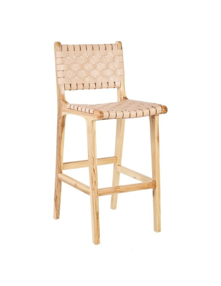 TABURETE BEIGE MADERA TECA-PIEL 45 X 57 X 95 CM