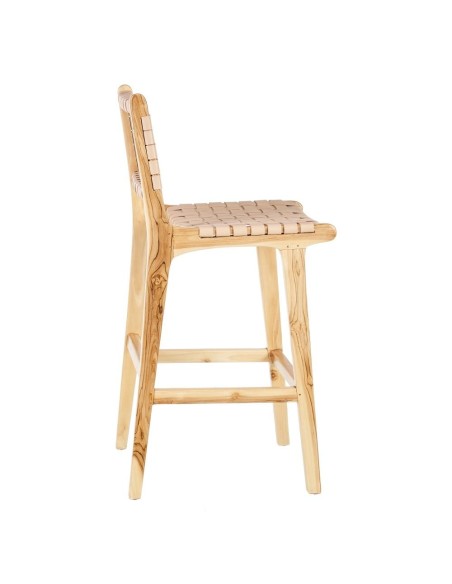 TABURETE BEIGE MADERA TECA-PIEL 45 X 57 X 95 CM