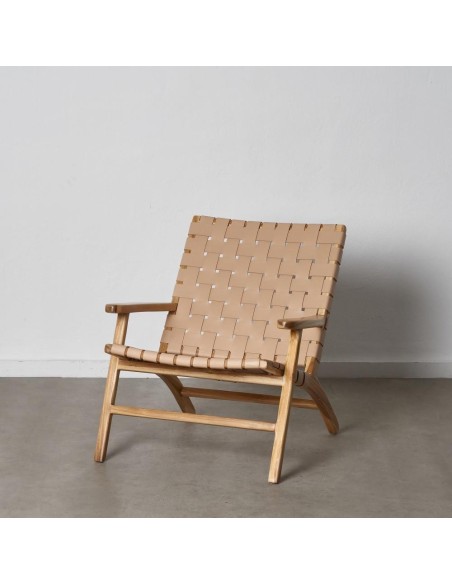 BUTACA BEIGE MADERA TECA-PIEL 74 X 78 X 75 CM