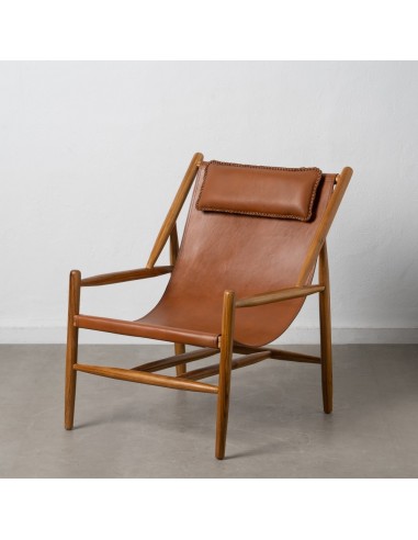 SILLÓN MARRÓN MADERA TECA-PIEL SALÓN 70 X 82 X 88 CM