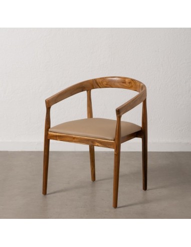 SILLA con brazos nórdica Malai, PIEL BEIGE  y MADERA TECA