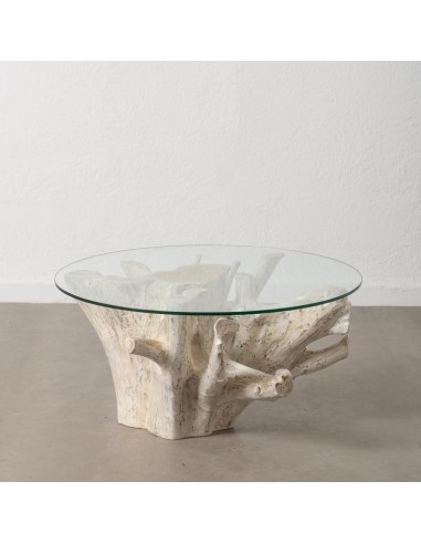 MESA CENTRO de cristal RAIZ 90 x 45, madera teca en BLANCO ROZADO