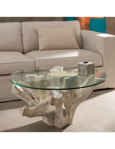 MESA CENTRO de cristal RAIZ 90 x 45, madera teca en BLANCO ROZADO