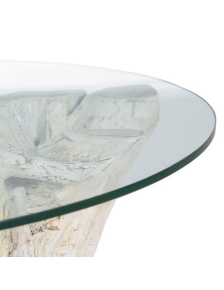 MESA CENTRO de cristal RAIZ 90 x 45, madera teca en BLANCO ROZADO