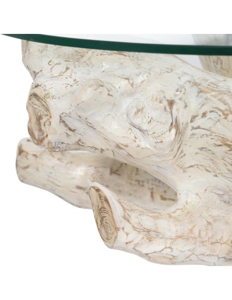 MESA CENTRO de cristal RAIZ 90 x 45, madera teca en BLANCO ROZADO