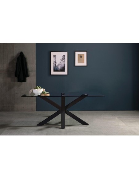 Mesa Argo de cristal 180 x 100 cm. Patas de acero negro