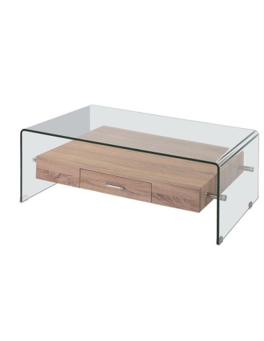 Mesa de centro Sidney 110x55, vidro curvo, gaveta em MDF forrada com melamina de carvalho.