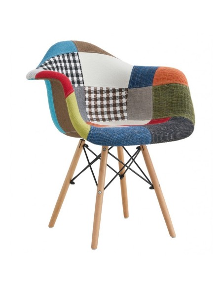 Silla con brazos TOWER PATCH diseño icónico, madera y tejido PATCHWORK