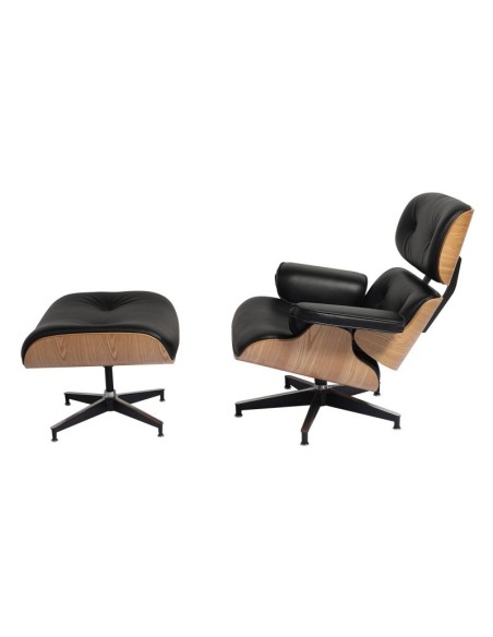 Poltrona Lounge chair, imitação de couro preto, madeira com acabamento em freixo