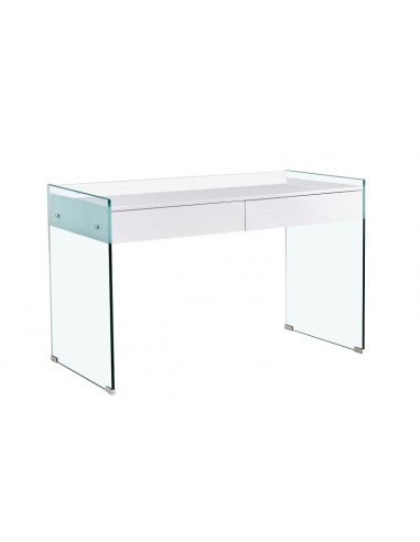 Mesa de escritorio GESLI 120x60, cristal, cajonera lacada en blanco alto brillo.