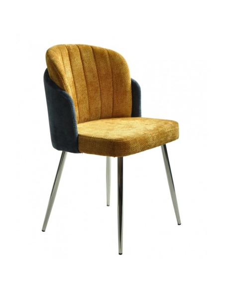 Silla Wonder, tapizado combinado chenilla azul y amarillo.