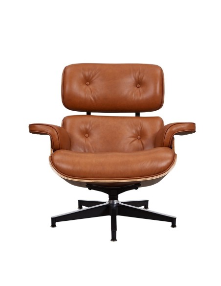 Sillón Lounge con ottoman, piel cognac, madera palo rosa