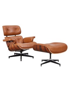 Poltrona Lounge Chair couro, marrom, madeira, com ottoman 2