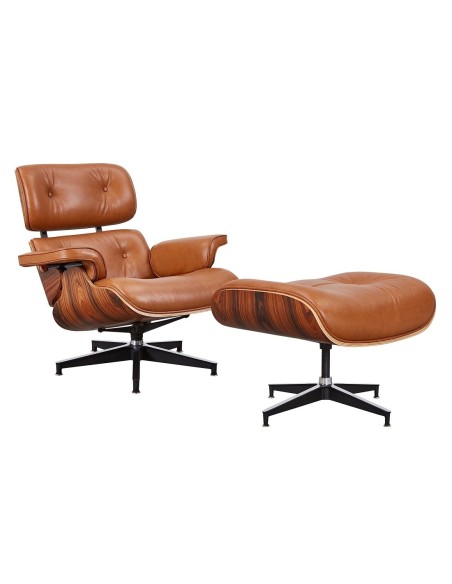 Poltrona Lounge com ottoman, couro cognac, madeira pau-rosa